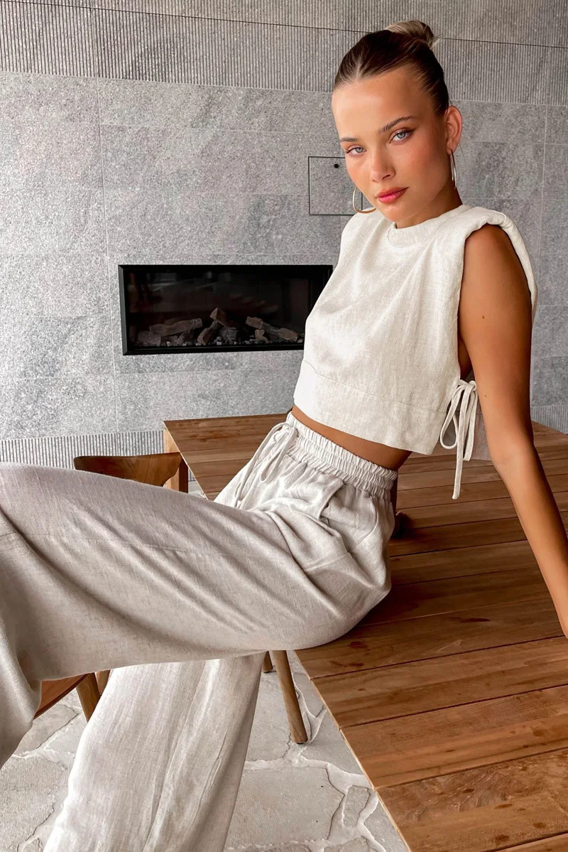 Spring Summer 2025 Women Holiday Linen Pant Set Crop Tops Solid Outfits 2 Two Piece Matching Set For Women