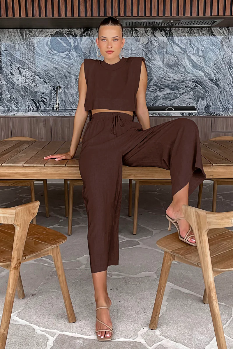 Spring Summer 2025 Women Holiday Linen Pant Set Crop Tops Solid Outfits 2 Two Piece Matching Set For Women