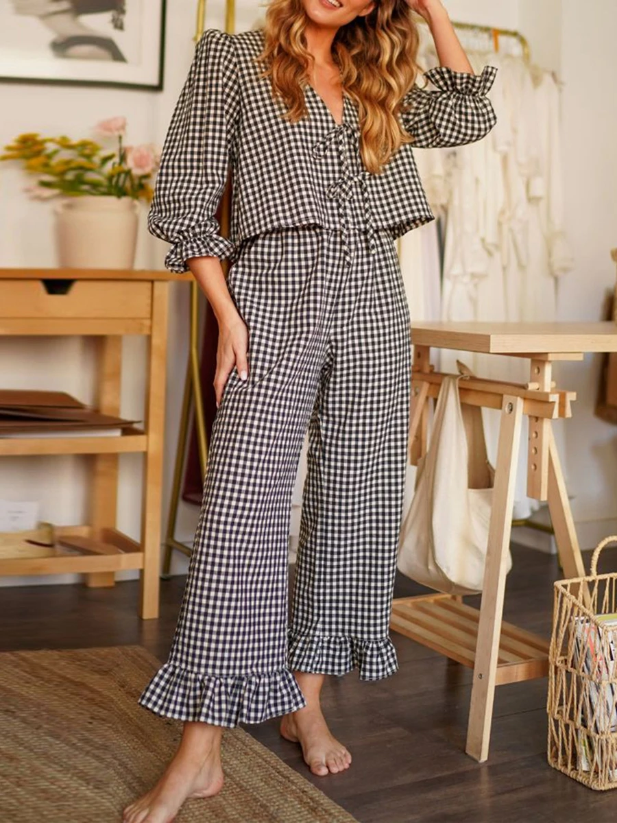 Combhasaki Women 2Piece Plaid Loungewear Outfits Ruffled Hem Set V-Neck Bow Tie-up Front Loose Cropped Tops +Elastic Waist Pants