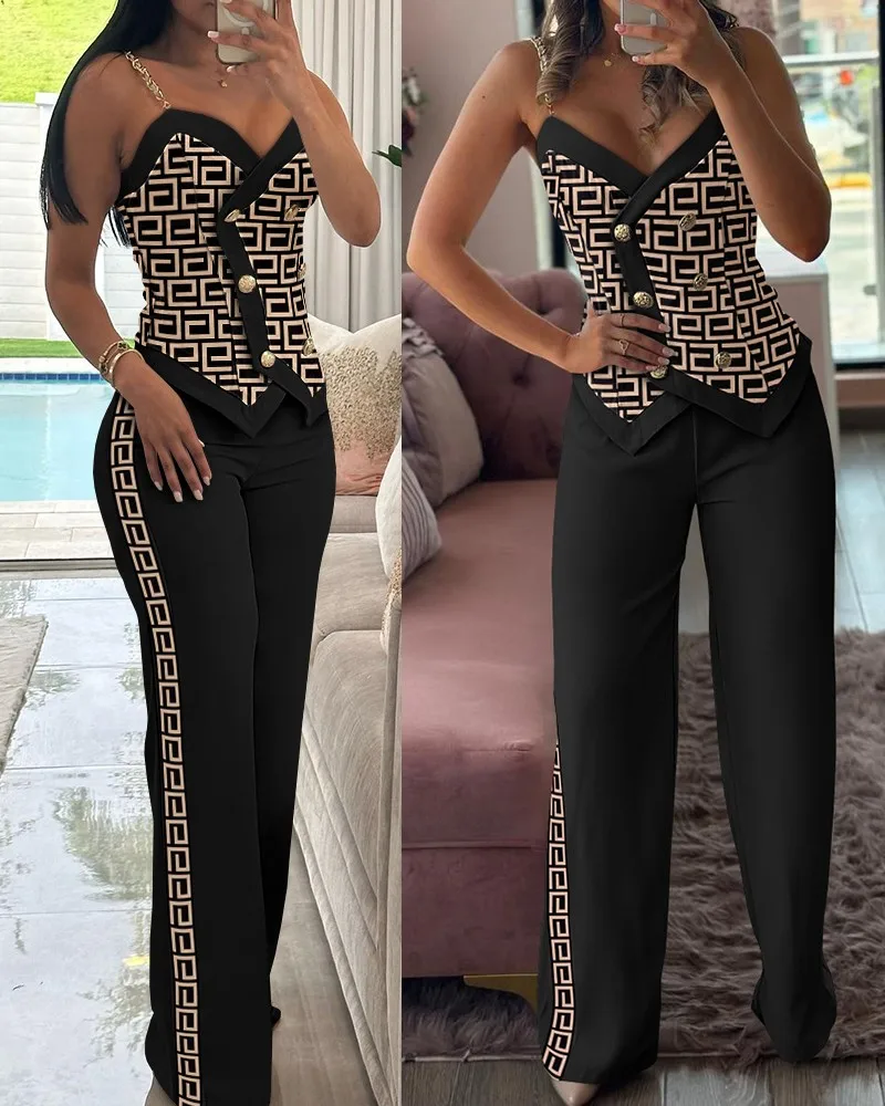 Women Two Piece Set Sleeveless Vest Deep Double Breasted Chain Straps Geometric Print Side Striped Working Pants Set