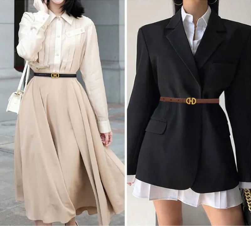 Women's Genuine Leather Thin Belt Luxury Fashion High Quality Cowhide Decorative Suit Summer Dress Black Narrow Fine Belt