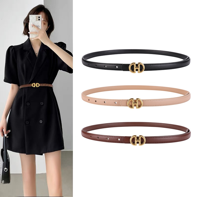 Women's Genuine Leather Thin Belt Luxury Fashion High Quality Cowhide Decorative Suit Summer Dress Black Narrow Fine Belt