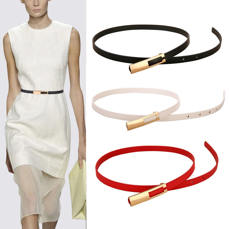 Fashion Thin Adjustable Belt Women Metal Pin Buckle PU Leather Waist Belt Black White Red Ladies Dress Coat Decoration Waistband