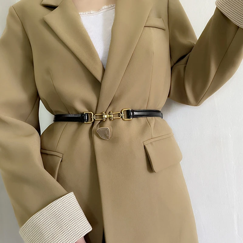 Simple Fashion Thin Pu Leather Belt Women Female Gold Metal Buckle Adjustable Waist Belt Skinny Coat Dress Wasitband Straps