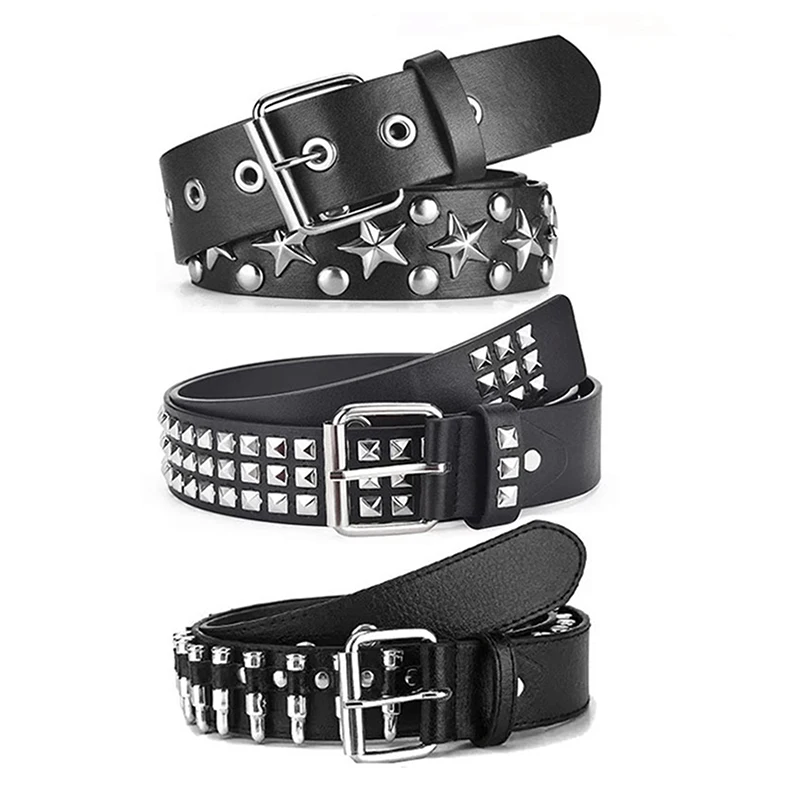 Rivet Hollow Bullet Decoration Belt Man's Goth Rock Fashion Ladies Leather Studded Gift Wild Adjustable Women Punk Black Belt