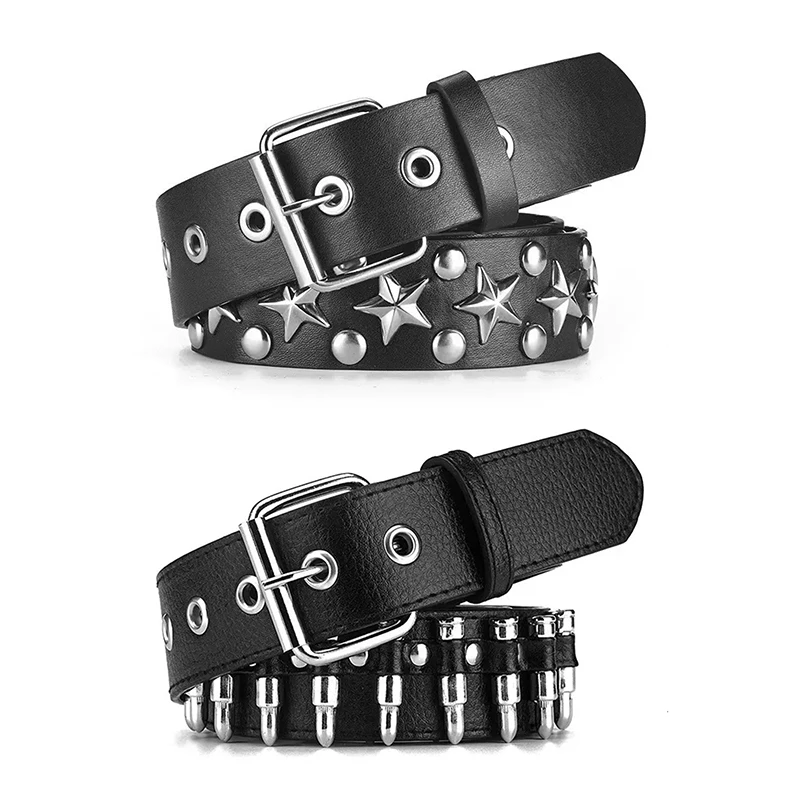 Rivet Hollow Bullet Decoration Belt Man's Goth Rock Fashion Ladies Leather Studded Gift Wild Adjustable Women Punk Black Belt