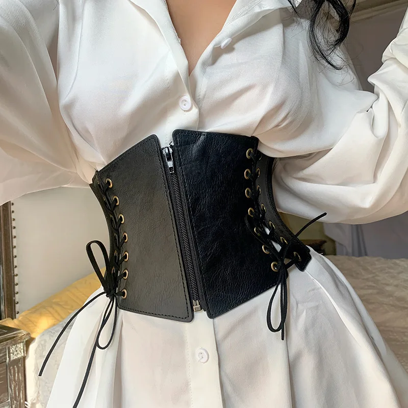 Fashion Punk Corset Wide Belts Women Slimming Body Elastic Bustier Waistband PU Leather Hip Hop Gothic Dress Girdle Belt Straps