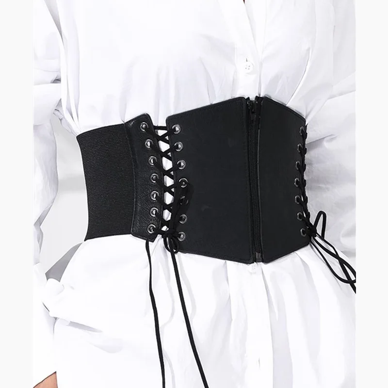 Fashion Punk Corset Wide Belts Women Slimming Body Elastic Bustier Waistband PU Leather Hip Hop Gothic Dress Girdle Belt Straps