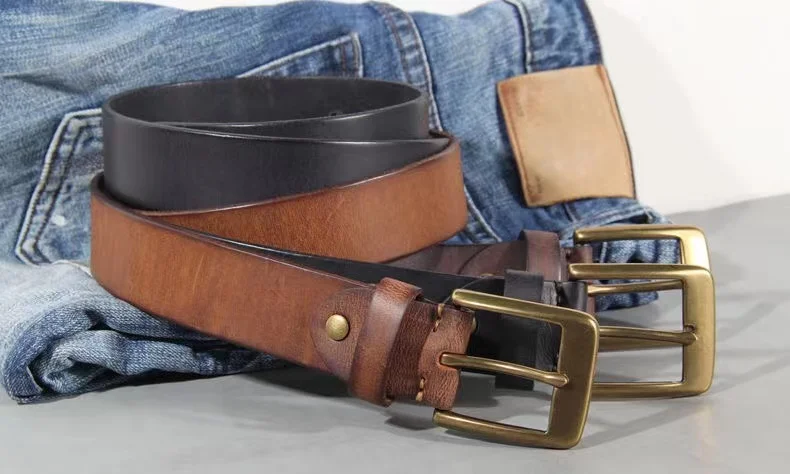 Vintage Luxury Handmade Leather Copper Buckle Man's Belt Cinturon Gotico Cowhide Retro All-match Casual Jeans Soft Belt ABC