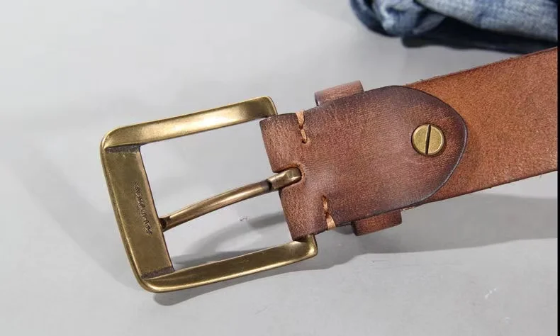 Vintage Luxury Handmade Leather Copper Buckle Man's Belt Cinturon Gotico Cowhide Retro All-match Casual Jeans Soft Belt ABC