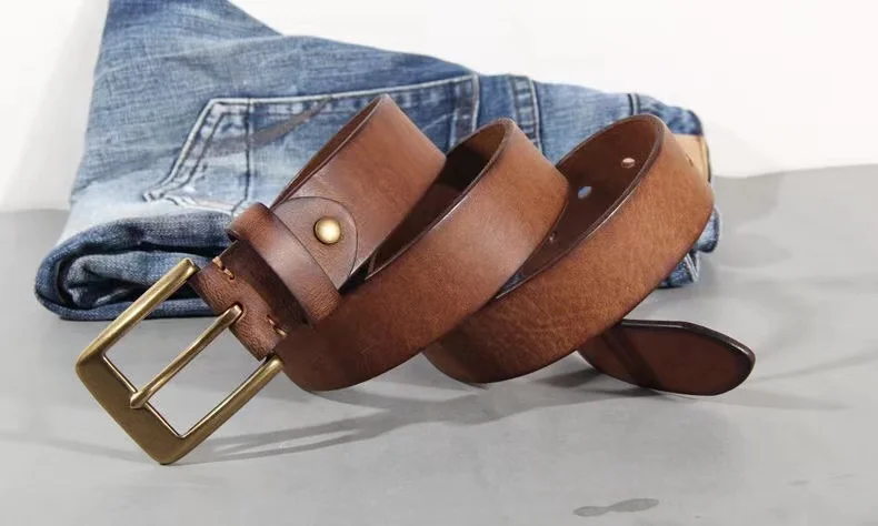 Vintage Luxury Handmade Leather Copper Buckle Man's Belt Cinturon Gotico Cowhide Retro All-match Casual Jeans Soft Belt ABC