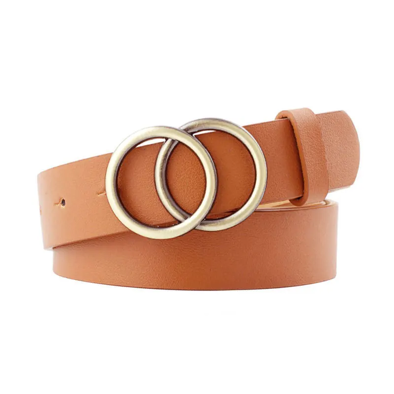 Big Double Ring Circle Metal Buckle Belt Women Fashion Wild Waistband Ladies Wide Leather Straps Belts for Leisure Dress Jeans