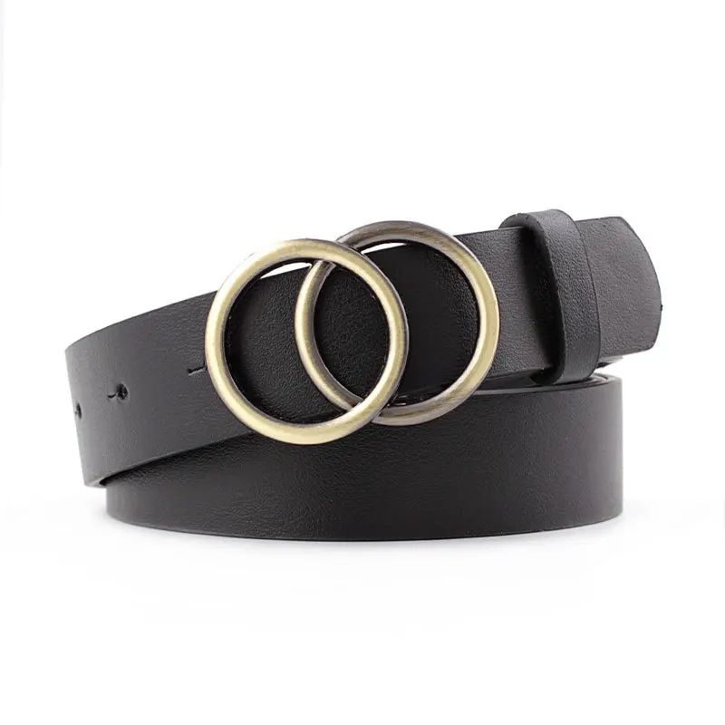 Big Double Ring Circle Metal Buckle Belt Women Fashion Wild Waistband Ladies Wide Leather Straps Belts for Leisure Dress Jeans