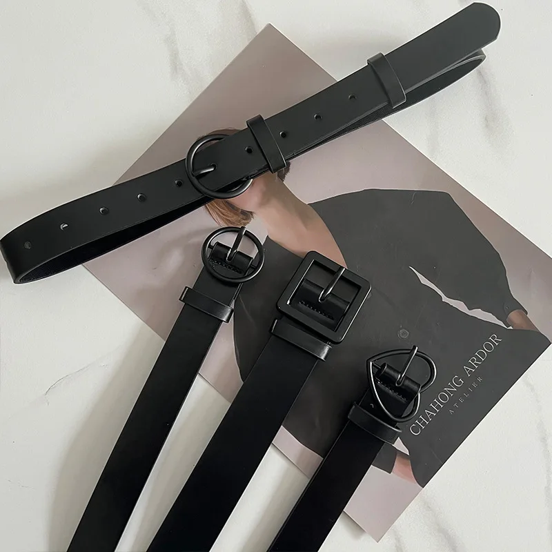 Chic Student Black Jeans Belt Fashion Geometric Pin Buckle Vintage Waist Strap Korean Men Women PU Leather Waistband 105*3cm