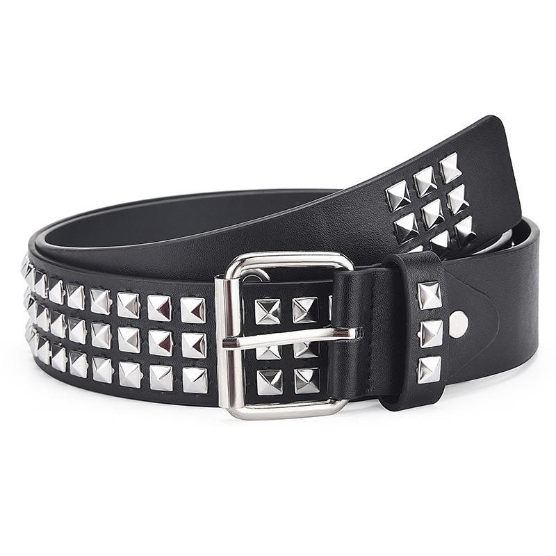 Studded Belt Men Women Punk Pyramid Square Buckle Chain Belt Bonded Leather Rivet Black Leather Belt Waistband For Jeans