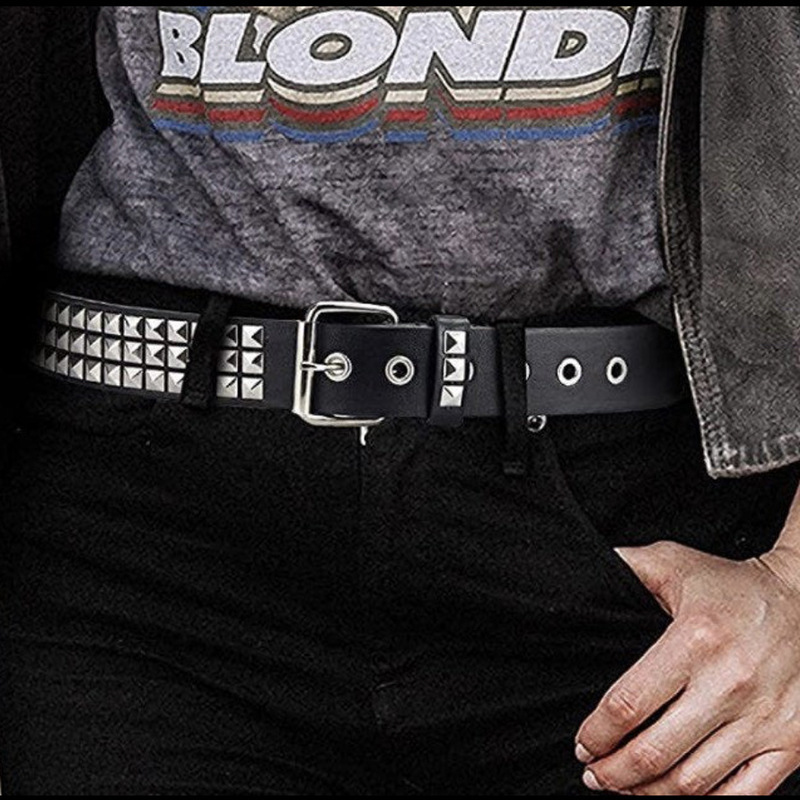 Studded Belt Men Women Punk Pyramid Square Buckle Chain Belt Bonded Leather Rivet Black Leather Belt Waistband For Jeans