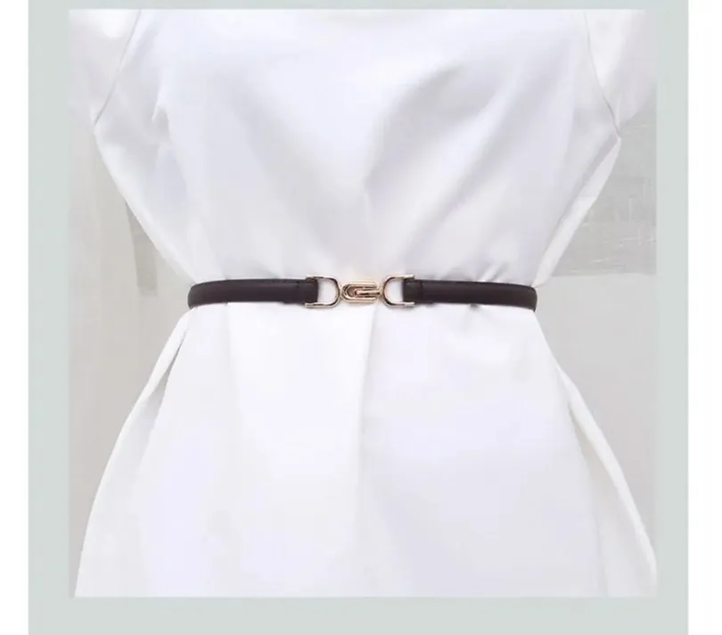 Women's Leather Belt for Dress,Skinny Adjustable Thin Waistband,Fashion Vintage Golden Buckle PU Belts for Ladies Daily Use