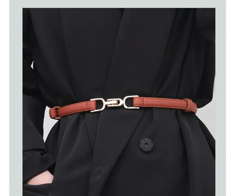 Women's Leather Belt for Dress,Skinny Adjustable Thin Waistband,Fashion Vintage Golden Buckle PU Belts for Ladies Daily Use