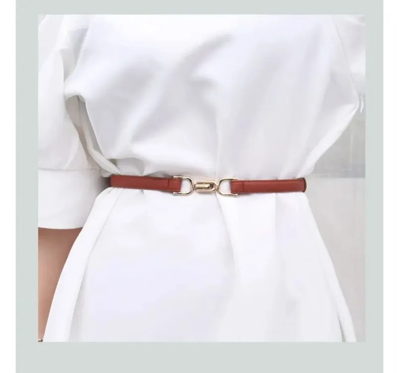 Women's Leather Belt for Dress,Skinny Adjustable Thin Waistband,Fashion Vintage Golden Buckle PU Belts for Ladies Daily Use