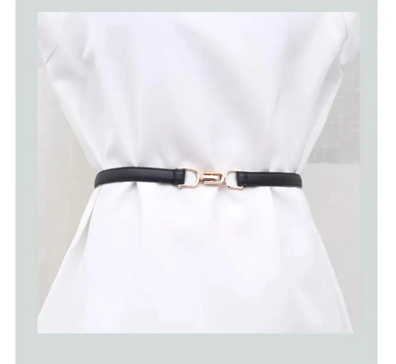 Women's Leather Belt for Dress,Skinny Adjustable Thin Waistband,Fashion Vintage Golden Buckle PU Belts for Ladies Daily Use