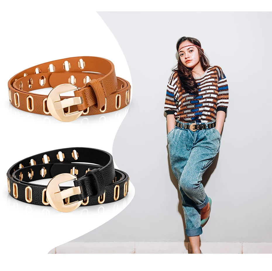 Maikun New Grunge Women Belt Adjustable Hole Grunge Punk  Belts for Women Alloy Pin Buckle PU Leather Belt 