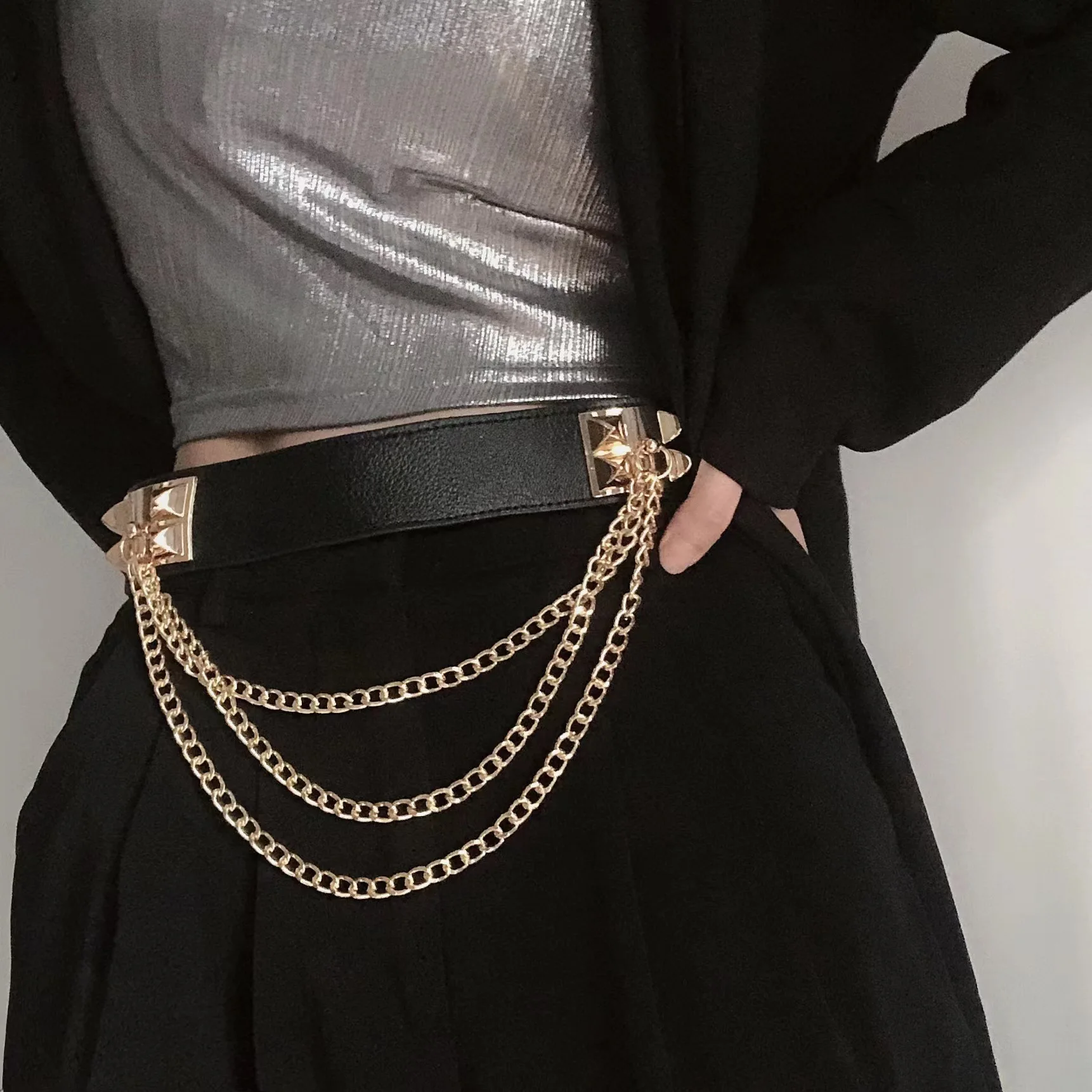 Multilayer Gold Metal Chains Women Belt Black PU Leather Elastic Wide Waist Straps Punk Rivet Belts Suit Decor Dress Waistbands