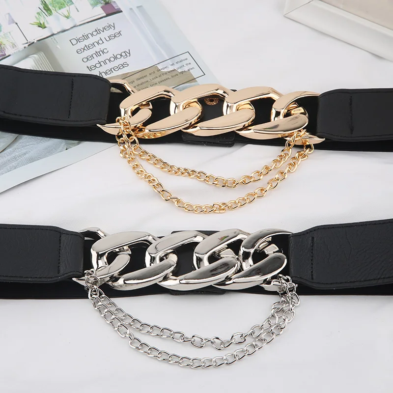 Multilayer Gold Metal Chains Women Belt Black PU Leather Elastic Wide Waist Straps Punk Rivet Belts Suit Decor Dress Waistbands