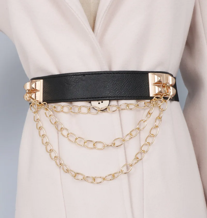 Multilayer Gold Metal Chains Women Belt Black PU Leather Elastic Wide Waist Straps Punk Rivet Belts Suit Decor Dress Waistbands