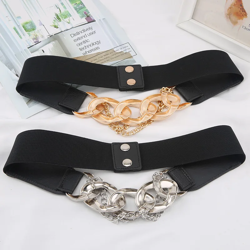 Multilayer Gold Metal Chains Women Belt Black PU Leather Elastic Wide Waist Straps Punk Rivet Belts Suit Decor Dress Waistbands