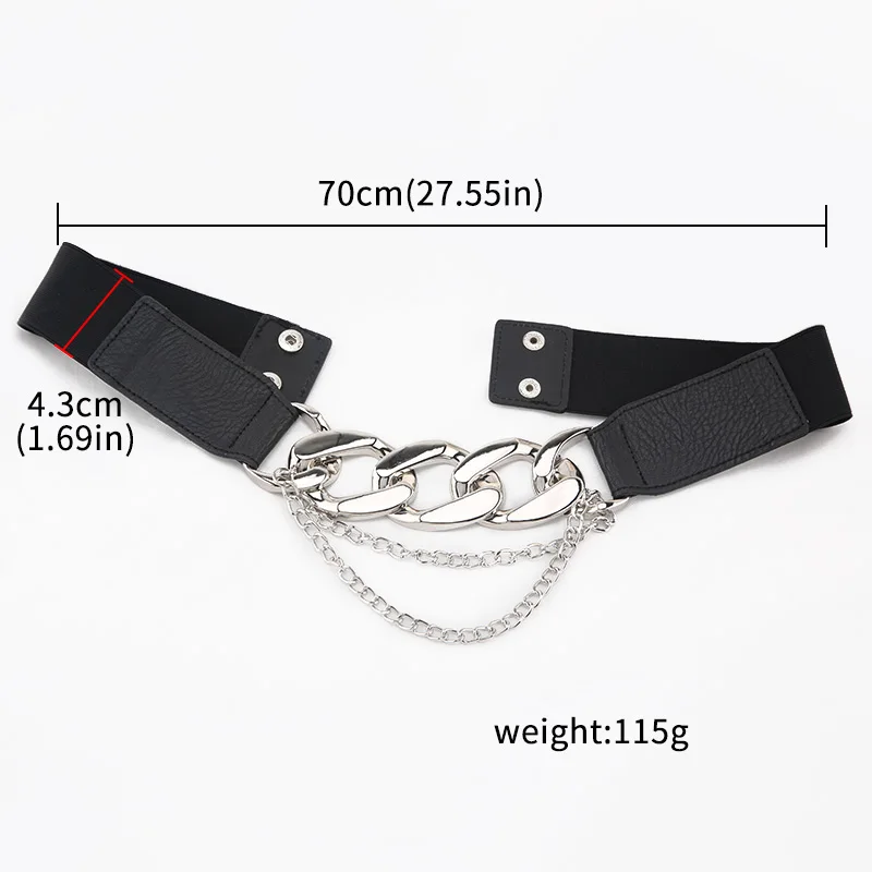 Multilayer Gold Metal Chains Women Belt Black PU Leather Elastic Wide Waist Straps Punk Rivet Belts Suit Decor Dress Waistbands