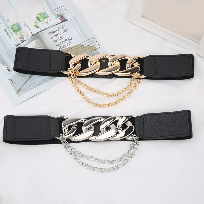 Multilayer Gold Metal Chains Women Belt Black PU Leather Elastic Wide Waist Straps Punk Rivet Belts Suit Decor Dress Waistbands