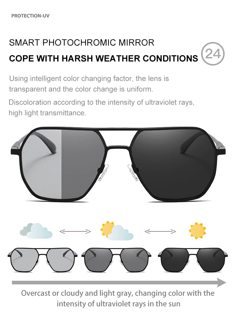 Luxury Metal Photochromic Sunglasses Men Women Fashion Polarized Sun Glasses Stylish Chameleon Anti-glare Driving Shades UV400