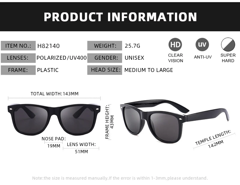 2140 Classic Square Polarized Sunglasses Men Women Retro Black Sun Glasses Male Fashion Summer Anti Glare Driving Shades