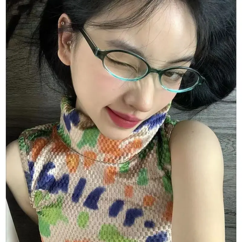 Y2K Women Retro Oval Square Glasses Red Green Frame Glass Eyewear Decorative Computer Anti-blue Eyeglasses with Seaside Driving