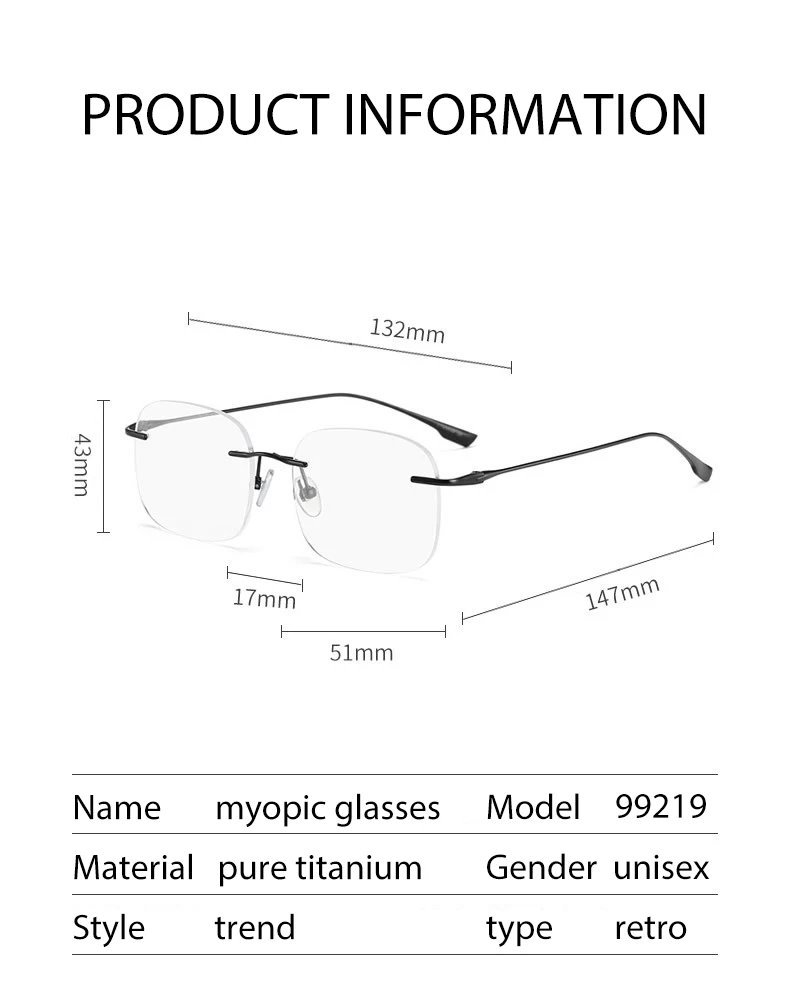 Pure Titanium Customized Lenses Shapes Rimless Glasses Frame Man Optical Prescription Men Business Style Eyeglasses 99219