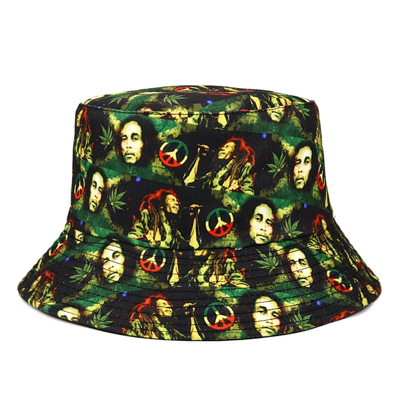 Bocca Bob Marley Printing Bucket Hat Rasta Style Pattern Fisherman Hat Jamaica Double Sides Panama Cap Outdoor Fashion New Style