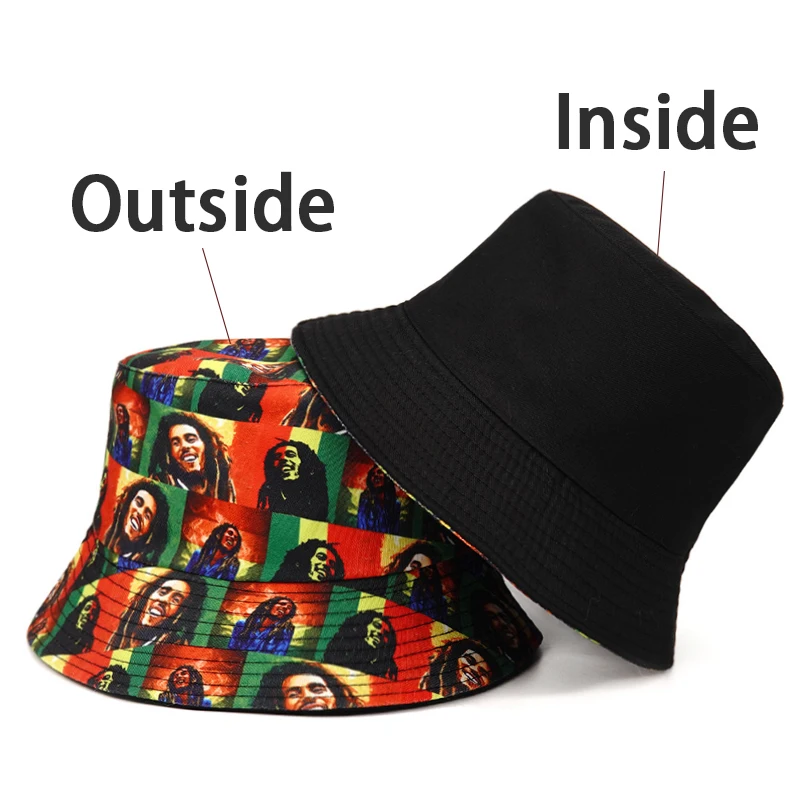 Bocca Bob Marley Printing Bucket Hat Rasta Style Pattern Fisherman Hat Jamaica Double Sides Panama Cap Outdoor Fashion New Style