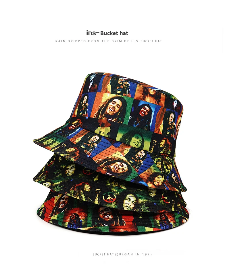 Bocca Bob Marley Printing Bucket Hat Rasta Style Pattern Fisherman Hat Jamaica Double Sides Panama Cap Outdoor Fashion New Style