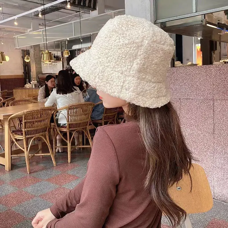 Winter Warm Solid Color Bucket Hat Men and Women Thickened Lamb Wool Simple Solid Color Casual Panama Bob Cap Gorras