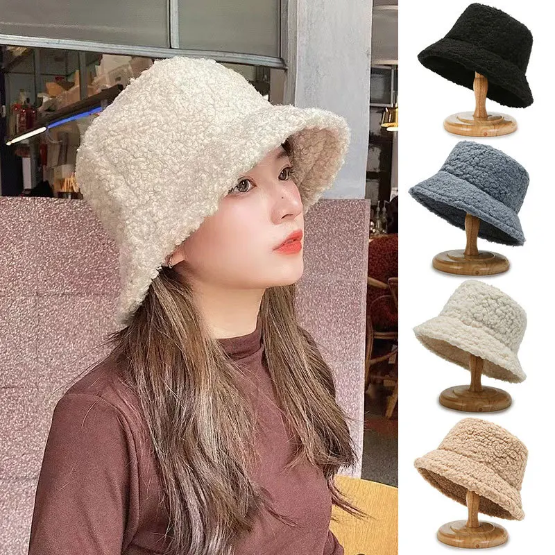 Winter Warm Solid Color Bucket Hat Men and Women Thickened Lamb Wool Simple Solid Color Casual Panama Bob Cap Gorras