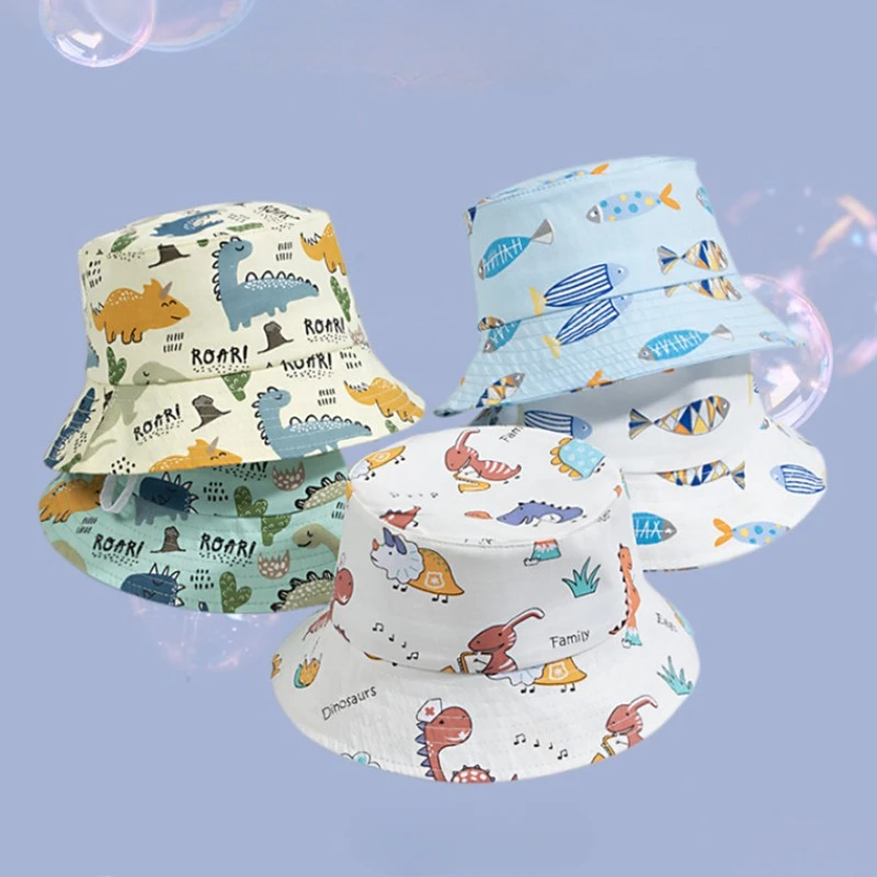 1-5 Years Cartoon Printing Baby Bucket Hat Cotton Breathable Kids Fisherman Hat Infant Toddle Sun Hat with Drawstring Baby Cap