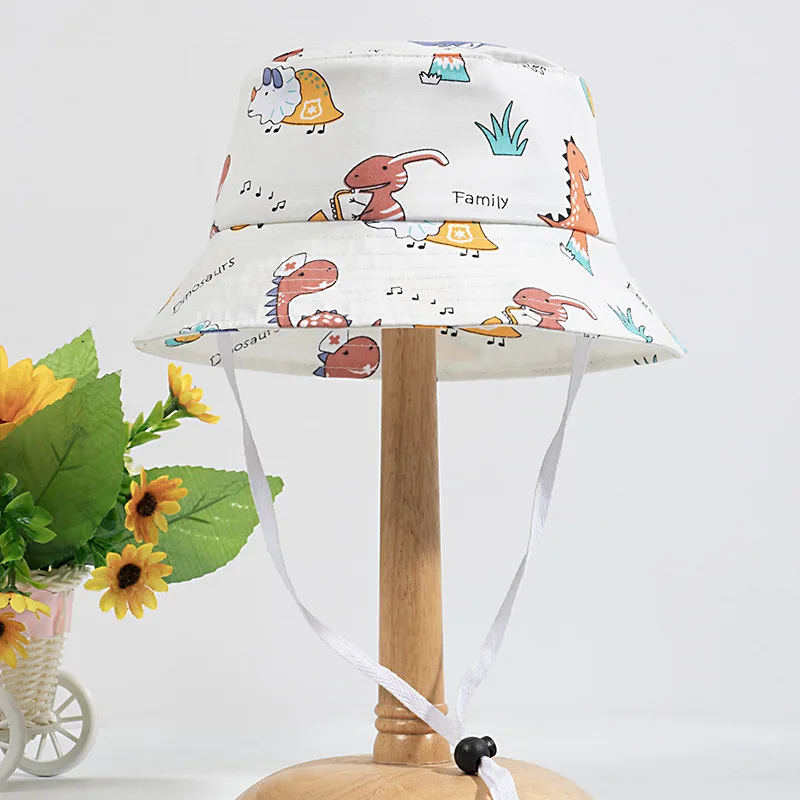 1-5 Years Cartoon Printing Baby Bucket Hat Cotton Breathable Kids Fisherman Hat Infant Toddle Sun Hat with Drawstring Baby Cap