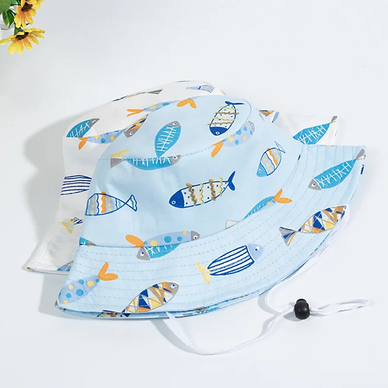 1-5 Years Cartoon Printing Baby Bucket Hat Cotton Breathable Kids Fisherman Hat Infant Toddle Sun Hat with Drawstring Baby Cap