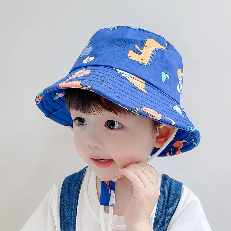 1-5 Years Cartoon Printing Baby Bucket Hat Cotton Breathable Kids Fisherman Hat Infant Toddle Sun Hat with Drawstring Baby Cap