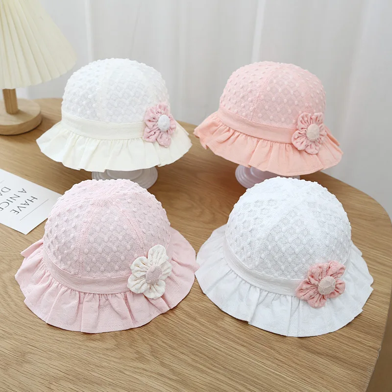 Lace Ruffle Baby Bucket Flower Princess Girl Sunscreen Fisherman Cap Summer Thin Cotton Newborn UV Protection Sun Hat 3-18M 모자