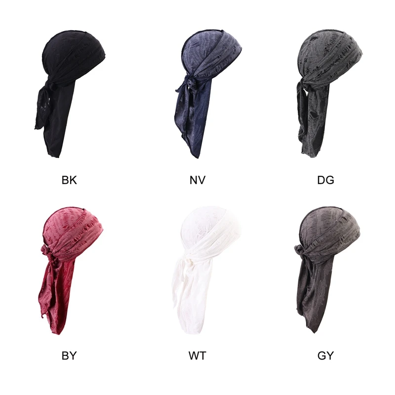 Retro Hole Design Unisex Long Tail Doo Rag Durag Bandanas Cap Pirate Hat Turban Men Hip Hop Headband Biker Headwrap