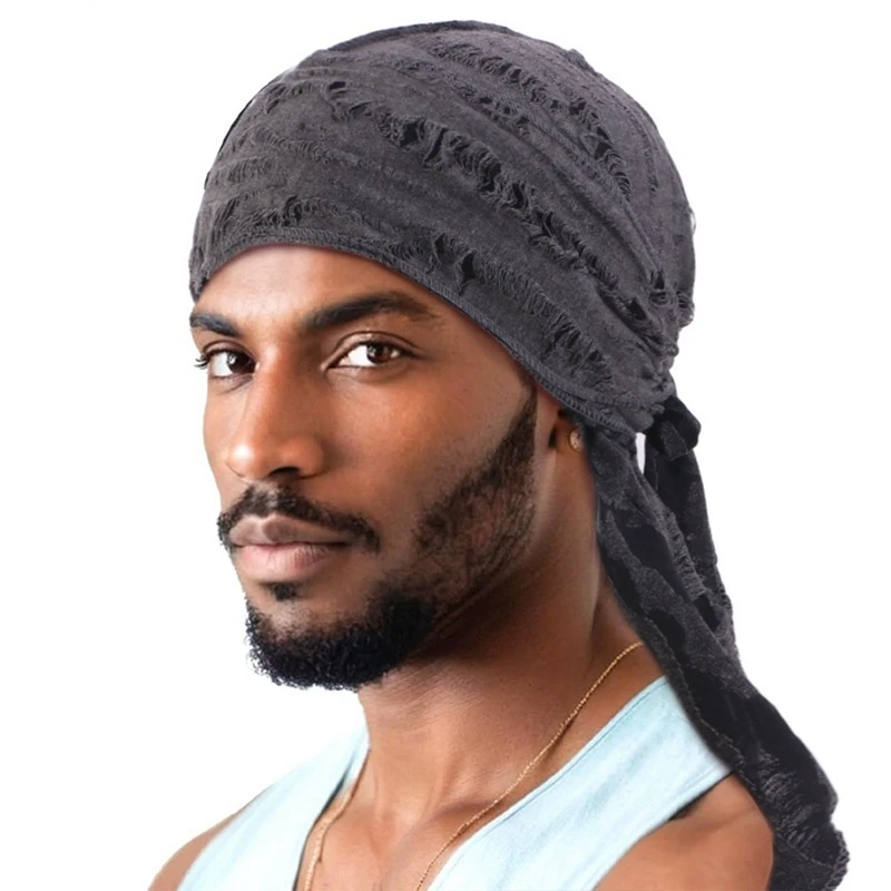 Retro Hole Design Unisex Long Tail Doo Rag Durag Bandanas Cap Pirate Hat Turban Men Hip Hop Headband Biker Headwrap