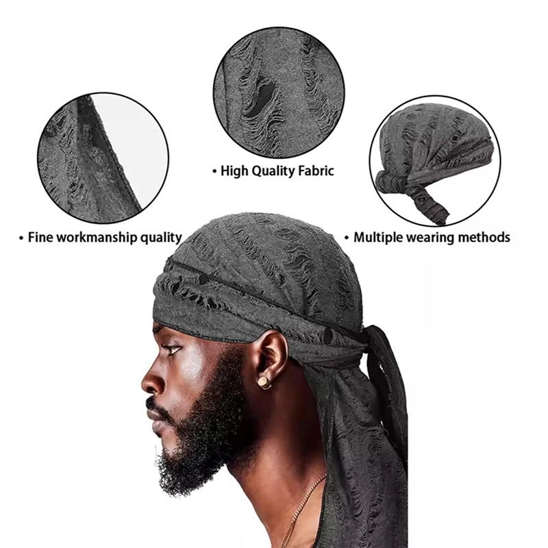 Retro Hole Design Unisex Long Tail Doo Rag Durag Bandanas Cap Pirate Hat Turban Men Hip Hop Headband Biker Headwrap