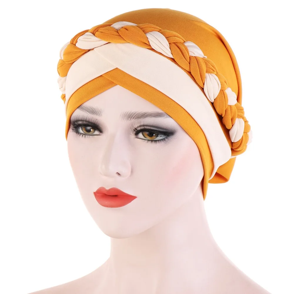 Muslim Women Silk Braid Cross Turban Hat Headscarf Chemo Beanies Cap Hijab Bandanas Headwear Hair Head Wrap Hair Accessories