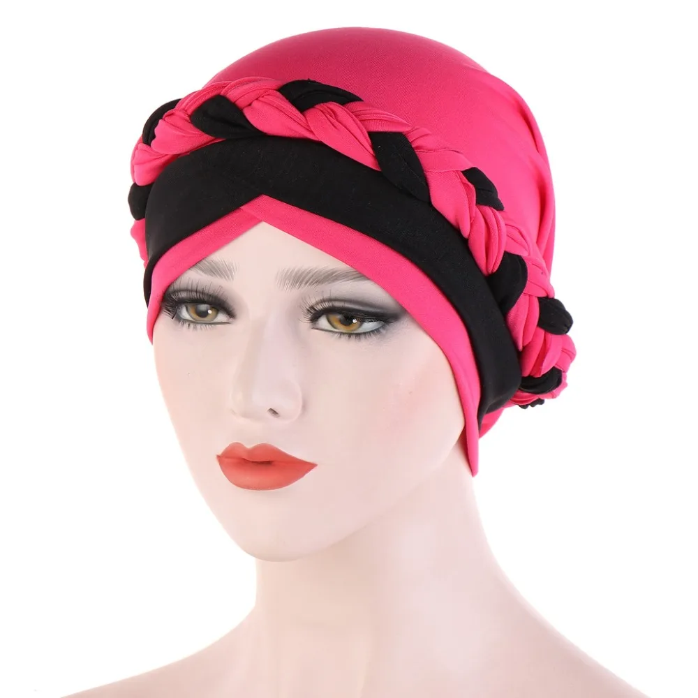 Muslim Women Silk Braid Cross Turban Hat Headscarf Chemo Beanies Cap Hijab Bandanas Headwear Hair Head Wrap Hair Accessories